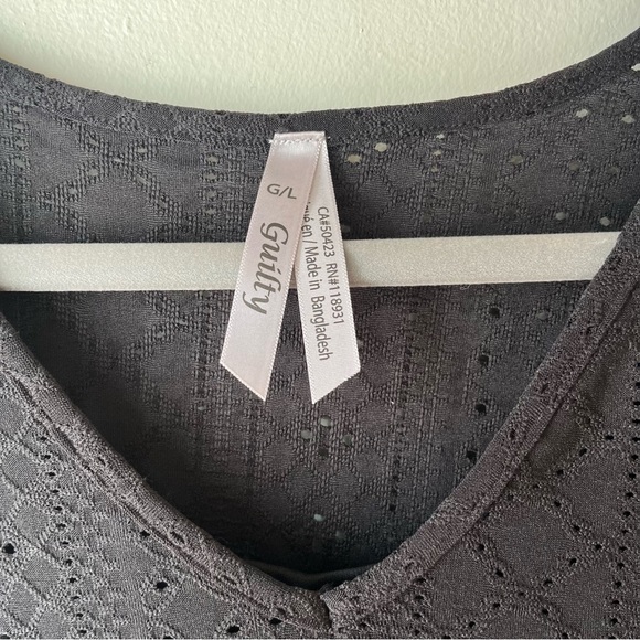 Guilty Black Eyelet Babydoll Mini Dress L Short Sleeve V-Neck Lined Casual Boho - Picture 2 of 12